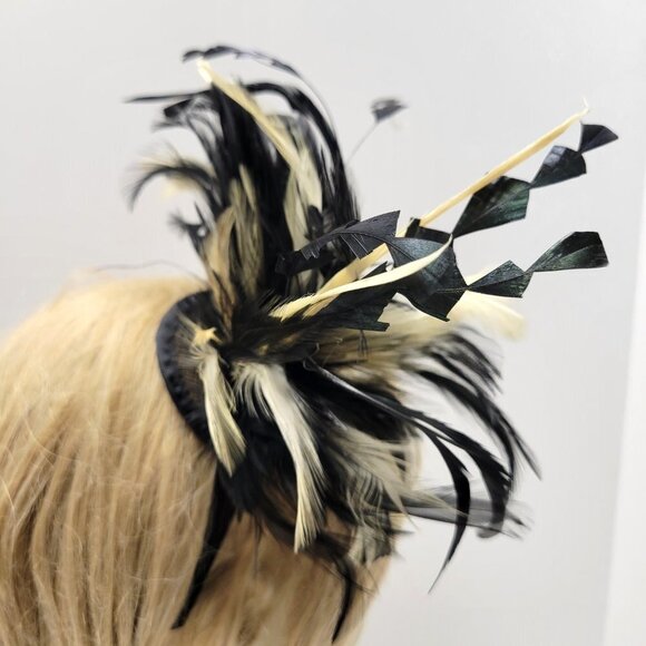 Black and Cream Feathers Fascinator on a Headband - Picture 5 of 14